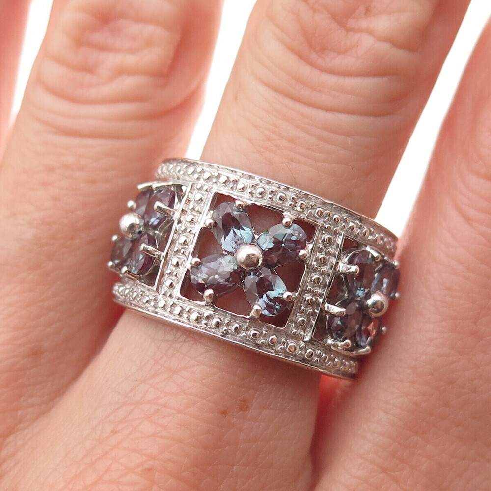 925 Sterling Silver Lab-Created Peacock Sapphire Floral Ring Size 9